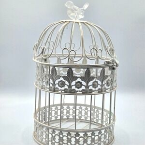Vintage White Metal Bird Cage with Crystal Clear Bird on Top Cottagecore